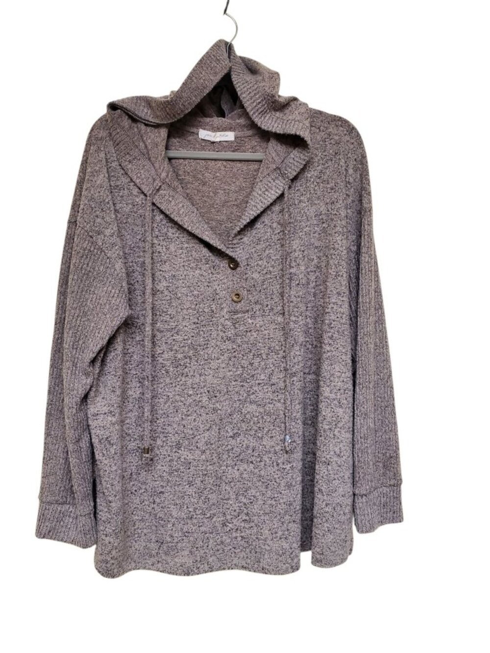 Joie de Vivre Woman's Taupe 1/4 Button Hooded Pullover Knit Sweater Plus 3X